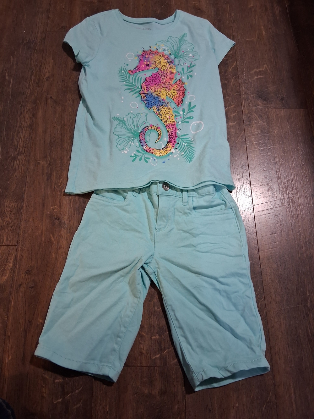 The Children's Place Light Aqua Blue Girls Matching Set Seahorse Two-Piece 7/8